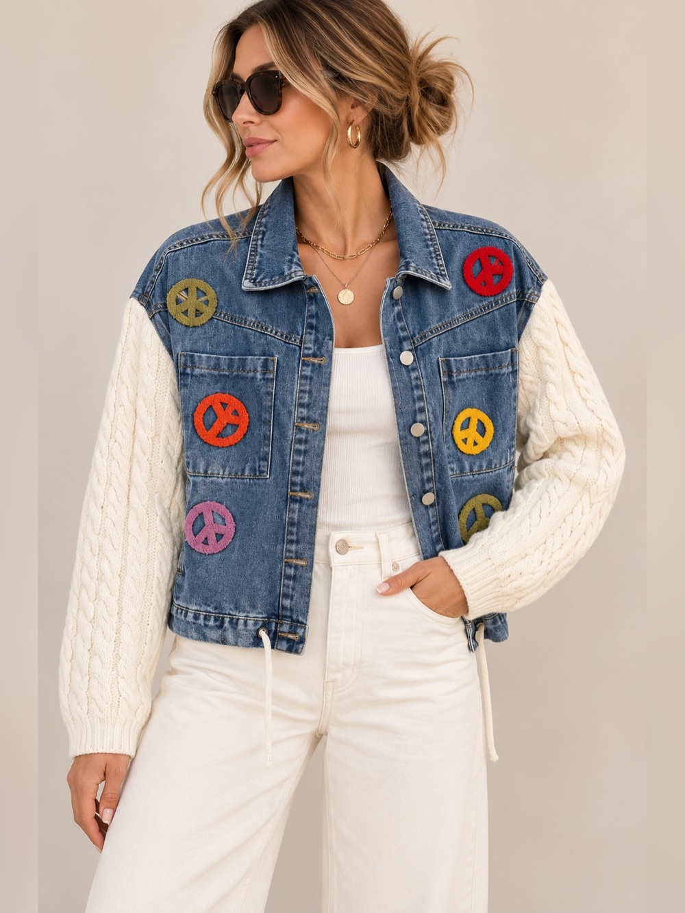 MELLO Peace Patch Denim Jacket with Cable Knit Sleeves